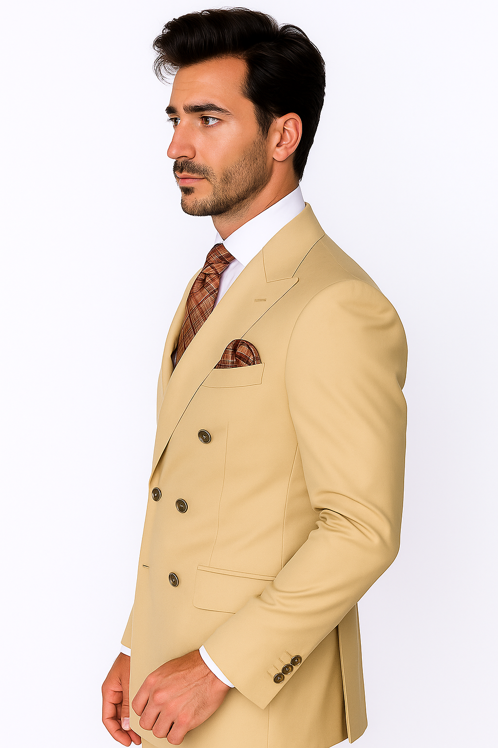 Best Mens Designer Modern Fit Double Breasted Wool Suit with Gold Buttons in Camel  - For Men  Fashion Perfect For Wedding or Prom 2026 or Business  or Church - New Arrival