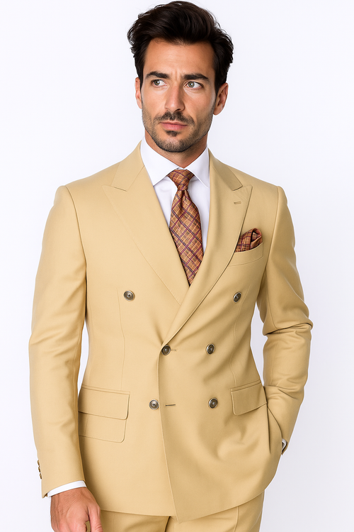 Best Mens Designer Modern Fit Double Breasted Wool Suit with Gold Buttons in Camel  - For Men  Fashion Perfect For Wedding or Prom 2026 or Business  or Church - New Arrival