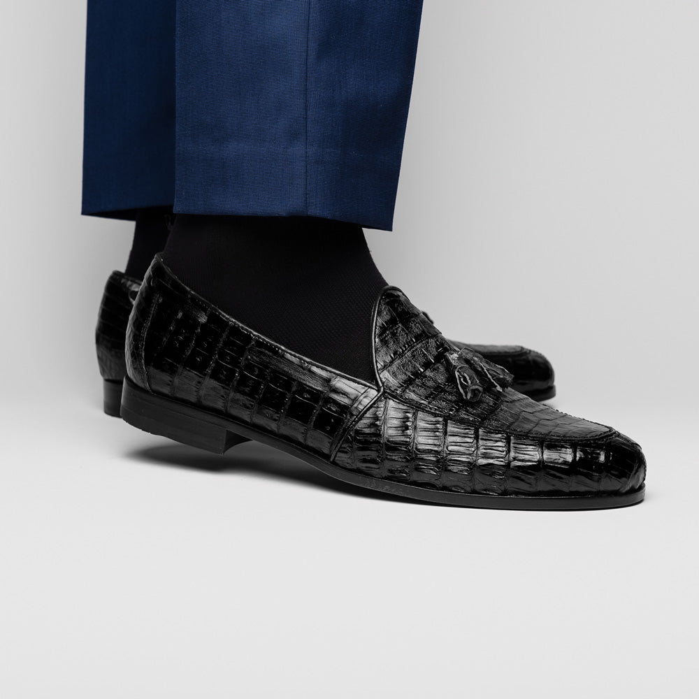 Marco Di Milano Bianchi Black Caiman Crocodile Tassel Loafers - 8