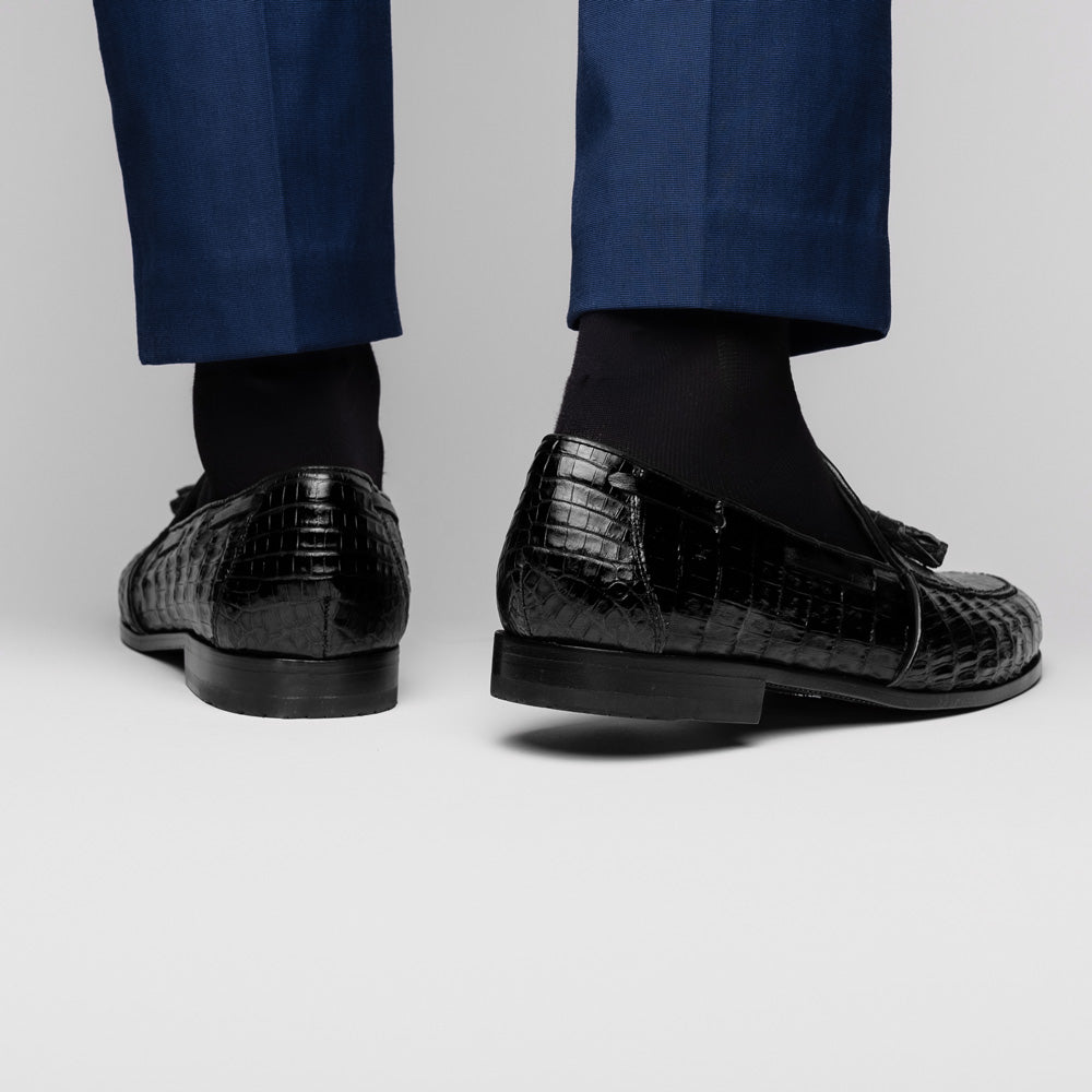 Marco Di Milano Bianchi Black Caiman Crocodile Tassel Loafers - 8