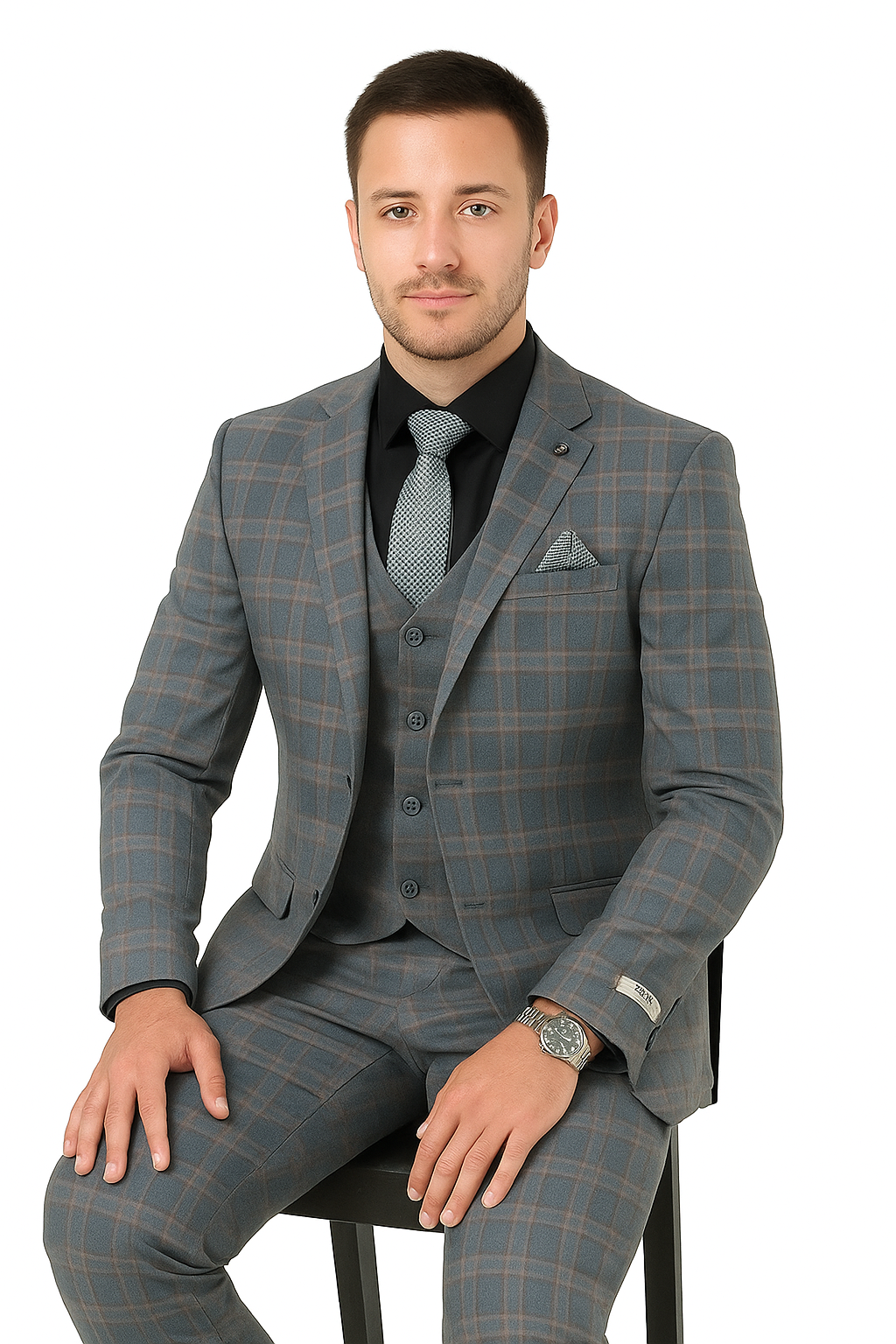 Big and Tall Business Suits - Suits For Big Man - Large Men's Grey  Windowpane   Vested Suits - 38 Short Jacket+32 Waist Adjustable 28to34)(Height: 5’4”to5’7”)(Neck 15-16.5)S-M)ggg