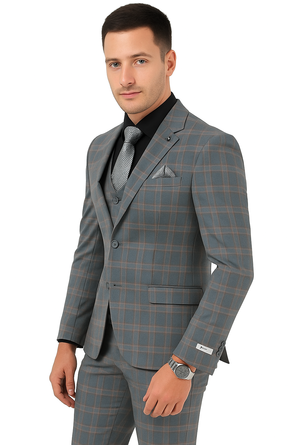 Big and Tall Business Suits - Suits For Big Man - Large Men's Grey  Windowpane   Vested Suits - 38 Short Jacket+32 Waist Adjustable 28to34)(Height: 5’4”to5’7”)(Neck 15-16.5)S-M)ggg