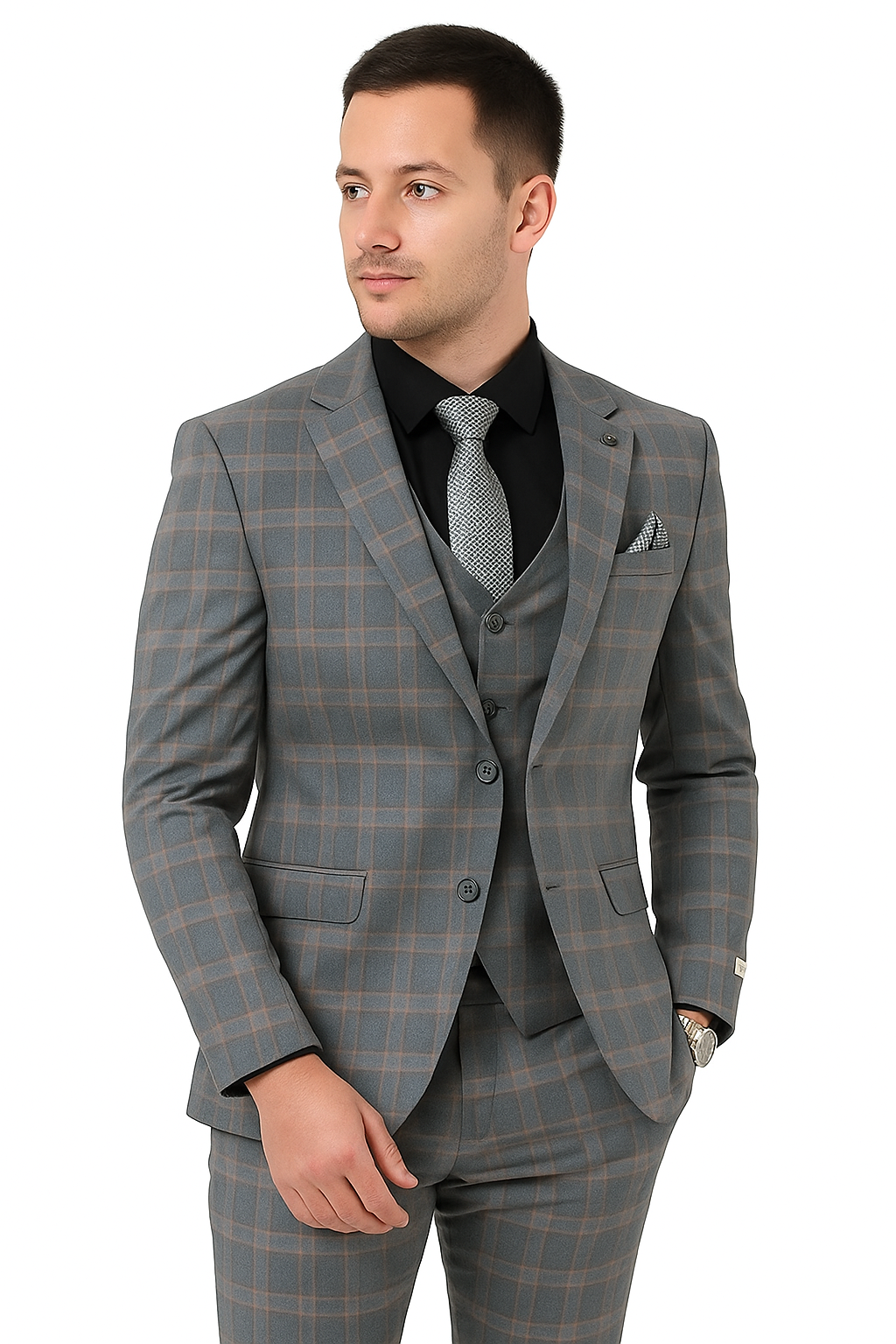 Big and Tall Business Suits - Suits For Big Man - Large Men's Grey  Windowpane   Vested Suits - 38 Short Jacket+32 Waist Adjustable 28to34)(Height: 5’4”to5’7”)(Neck 15-16.5)S-M)ggg