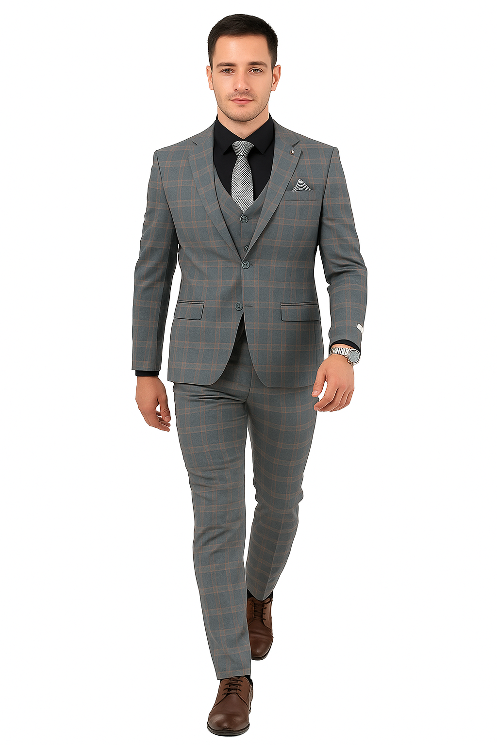 Big and Tall Business Suits - Suits For Big Man - Large Men's Grey  Windowpane   Vested Suits - 38 Short Jacket+32 Waist Adjustable 28to34)(Height: 5’4”to5’7”)(Neck 15-16.5)S-M)ggg