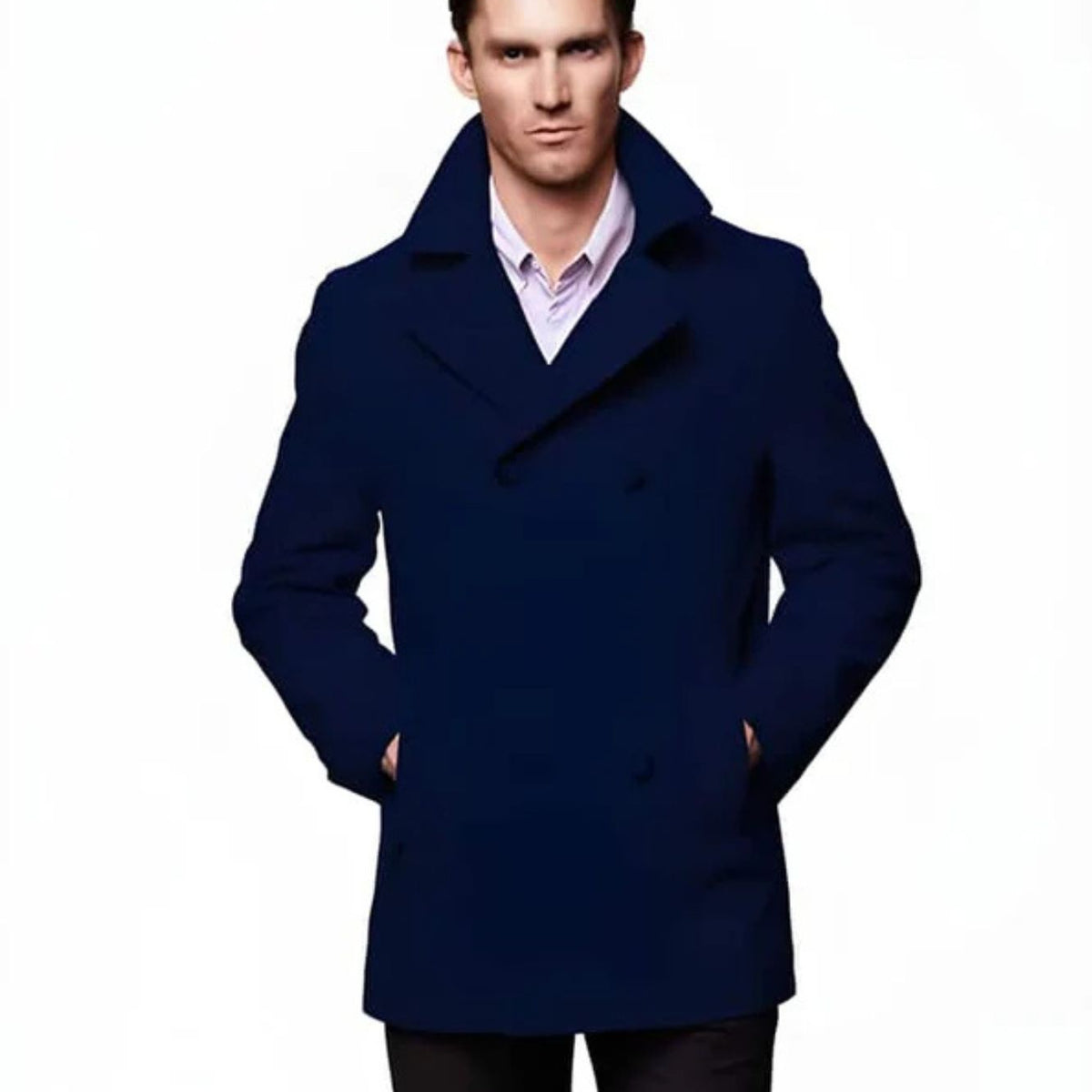 Coat Men's Navy Blue Six Button Wool Fabric Big And Tall Designer