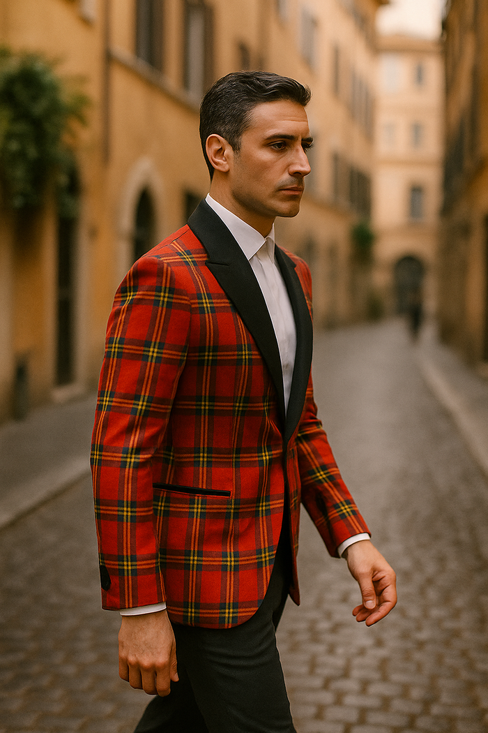Big and Tall Holiday Jackets - Christmas Tartan Plaid Sport Jacket For Big Man in Color Red Tartan Scottish Pattern
