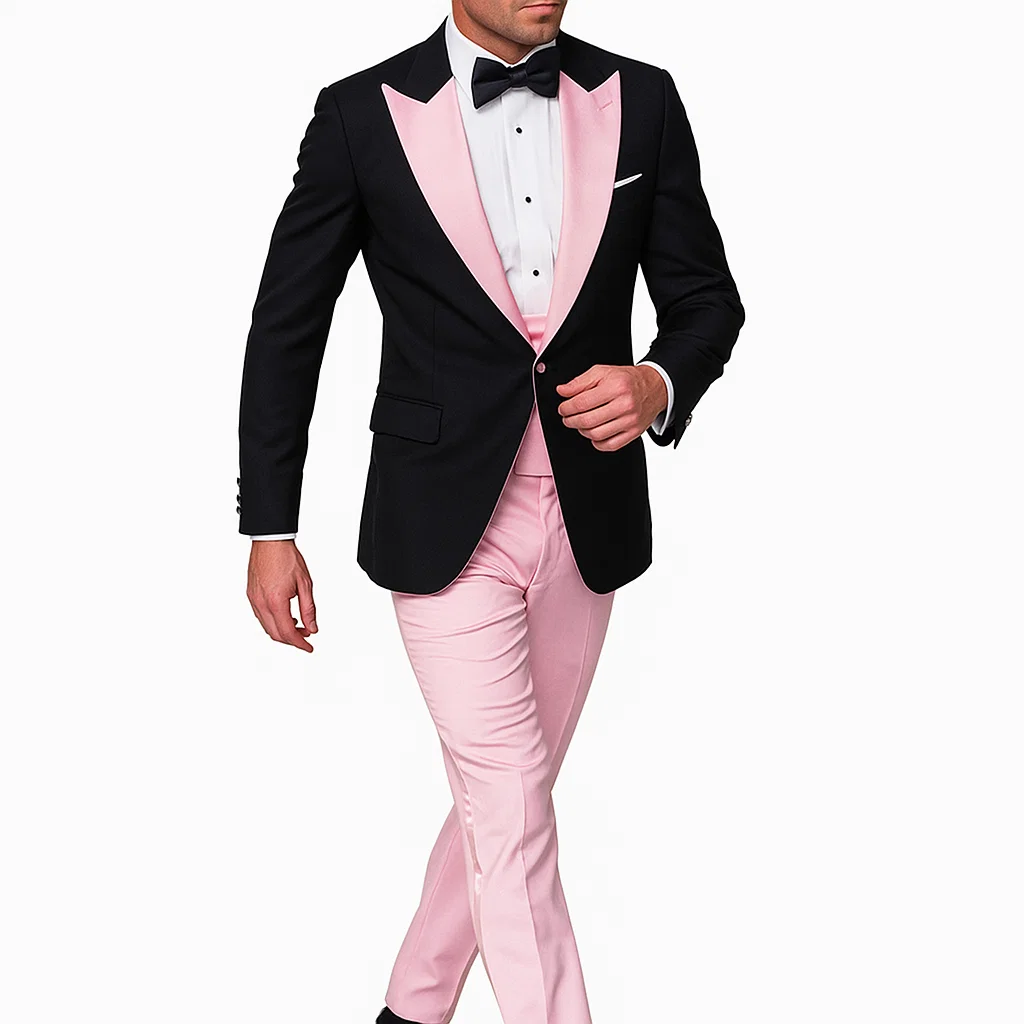 Black And Pink suit - Tuxedo Looking With Double Breasted Vest Peak Lapel 100% Wool - Small