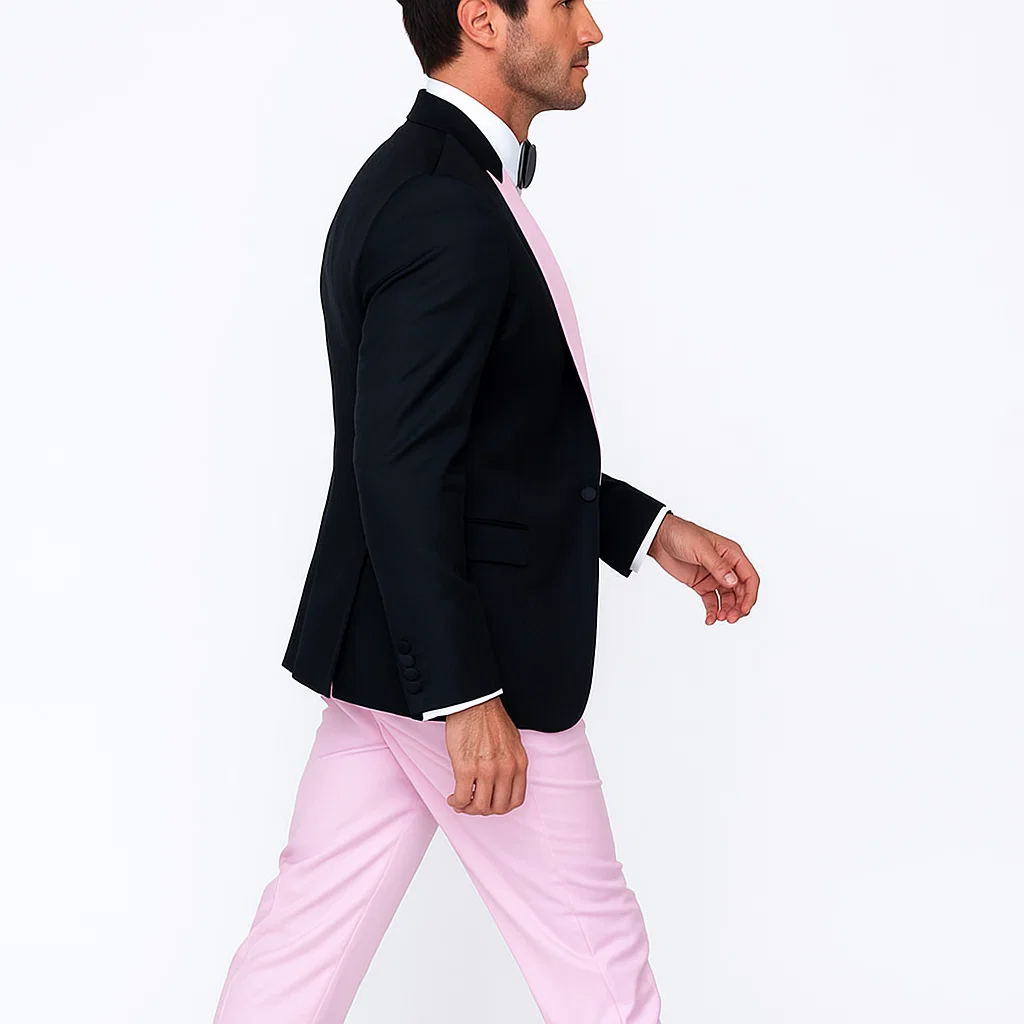 Black And Pink suit - Tuxedo Looking With Double Breasted Vest Peak Lapel 100% Wool - Small