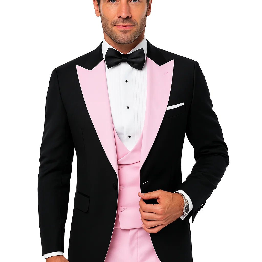 Black And Pink suit - Tuxedo Looking With Double Breasted Vest Peak Lapel 100% Wool - Small