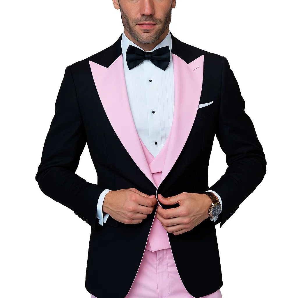 Black And Pink suit - Tuxedo Looking With Double Breasted Vest Peak Lapel 100% Wool - Small
