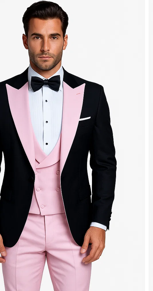 Black And Pink suit - Tuxedo Looking With Double Breasted Vest Peak Lapel 100% Wool - Small