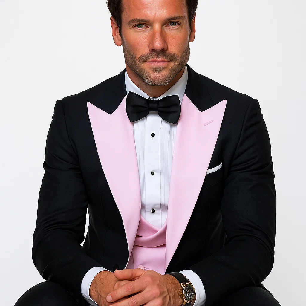 Black And Pink suit - Tuxedo Looking With Double Breasted Vest Peak Lapel 100% Wool - Small