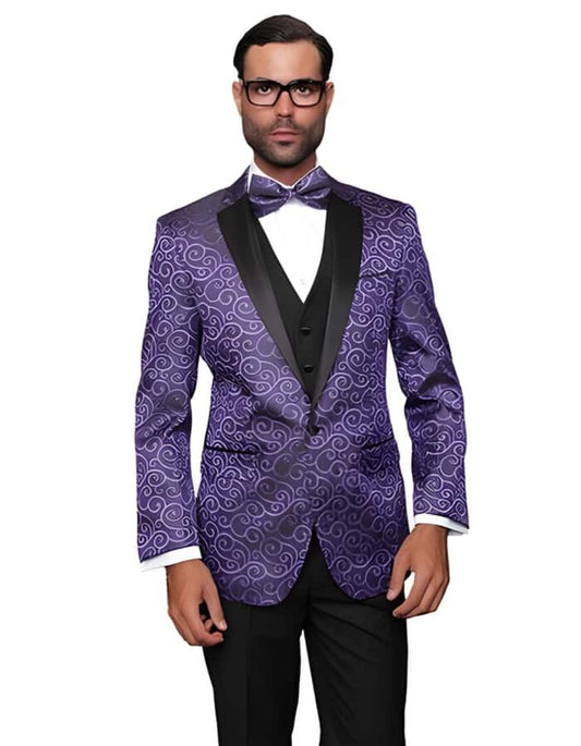 Mens One Button Single Breasted Notch Lapel Suit Black and Purple