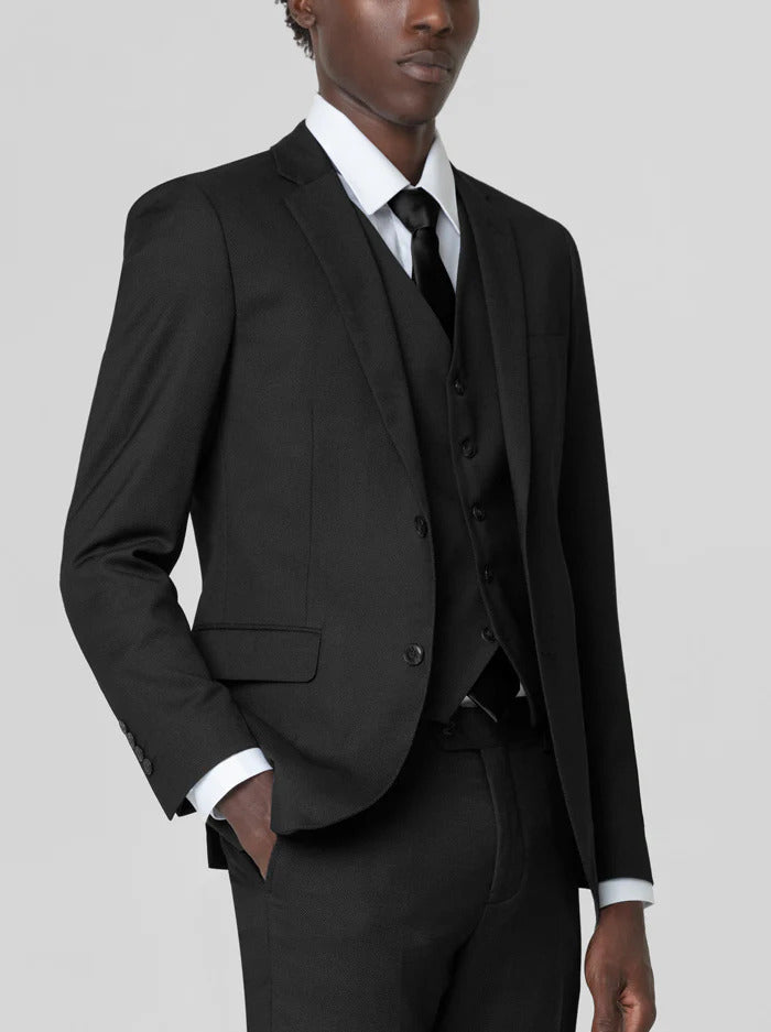 Mens Black Birdseye Three Piece Suit Modern 2-Button Suit