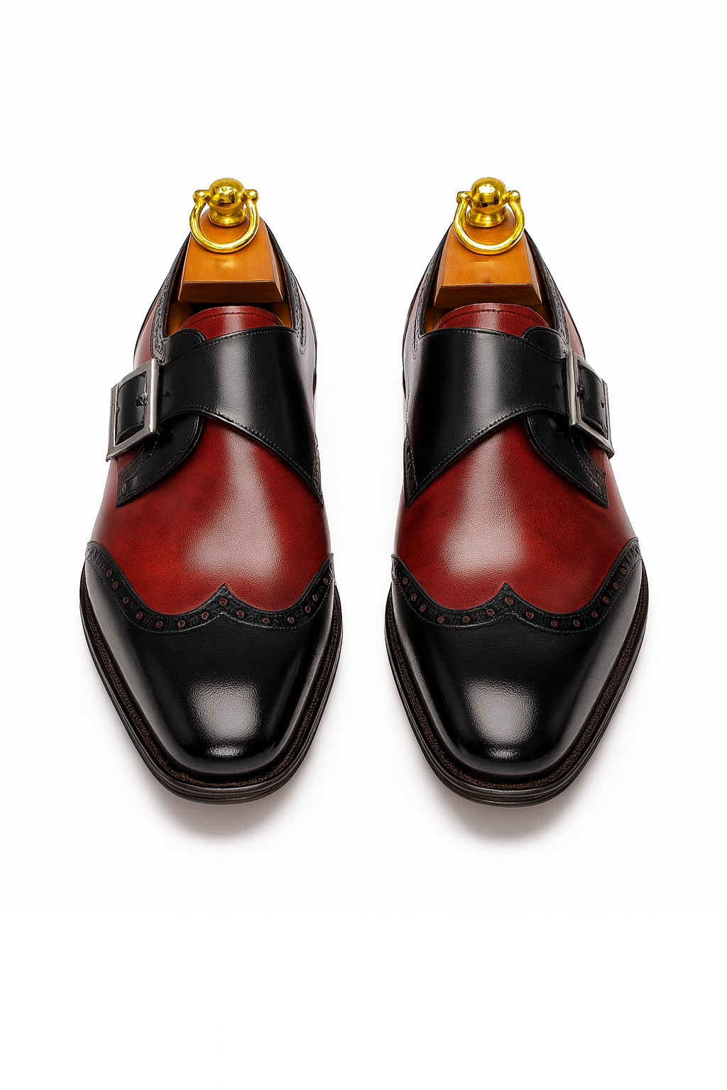 Mens Leather Wingtip Monk Strap Dress Shoe in Brown & Navy - 7.5