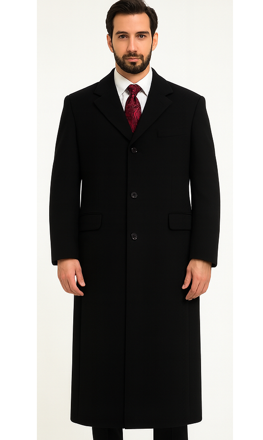 Black Cashmere Chesterfield Overcoat â€“ 1920s Full Length Topcoat - Coat Size 38