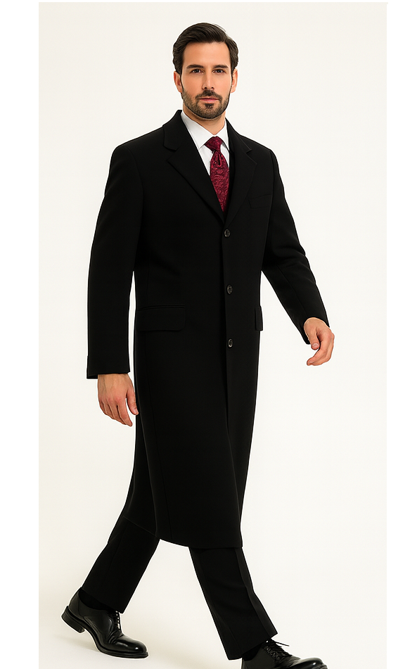 Black Cashmere Chesterfield Overcoat â€“ 1920s Full Length Topcoat - Coat Size 38