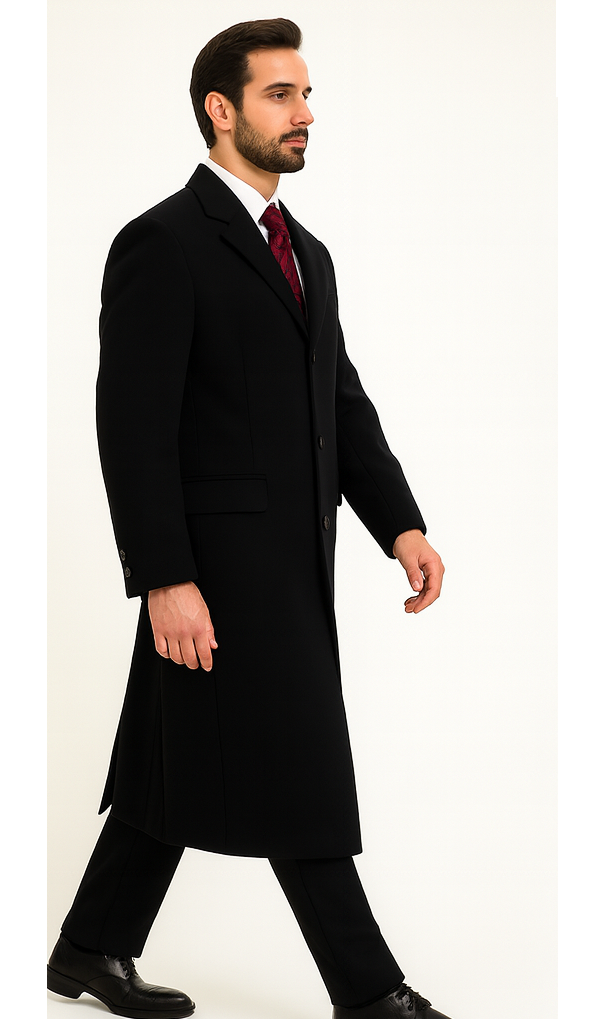 Black Cashmere Chesterfield Overcoat â€“ 1920s Full Length Topcoat - Coat Size 38