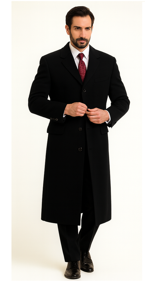 Black Cashmere Chesterfield Overcoat â€“ 1920s Full Length Topcoat