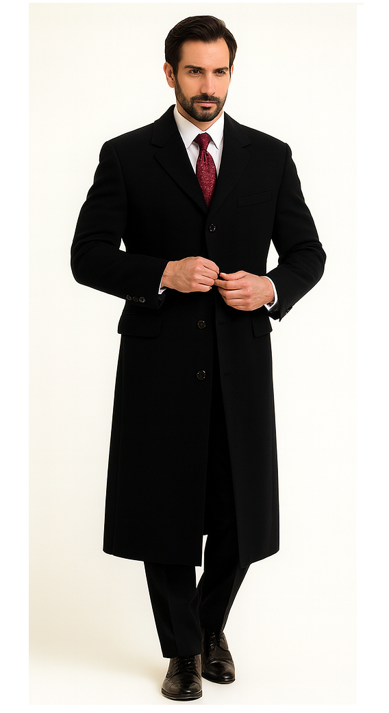 Black Cashmere Chesterfield Overcoat â€“ 1920s Full Length Topcoat