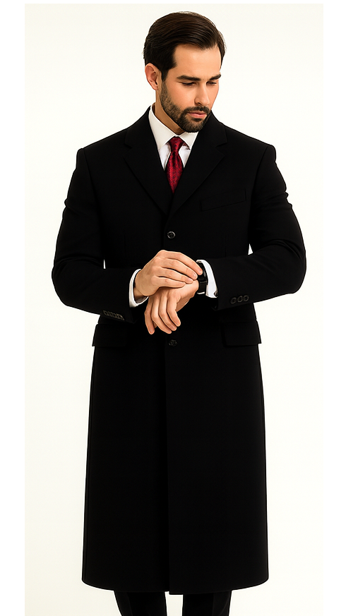 Black Cashmere Chesterfield Overcoat â€“ 1920s Full Length Topcoat - Coat Size 38