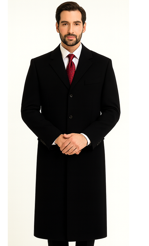 Black Cashmere Chesterfield Overcoat â€“ 1920s Full Length Topcoat - Coat Size 38