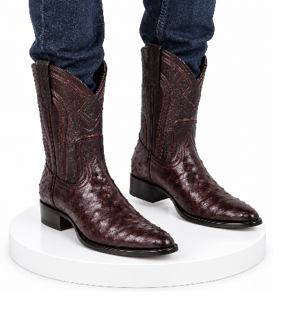 Black Cherry Roper Ostrich Western Boots