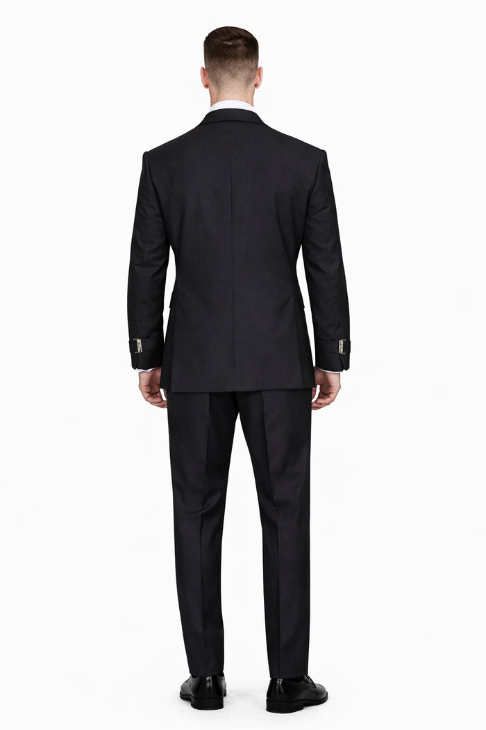 Mens Black Double Breasted Wool Suit with Metal Buckle Closure