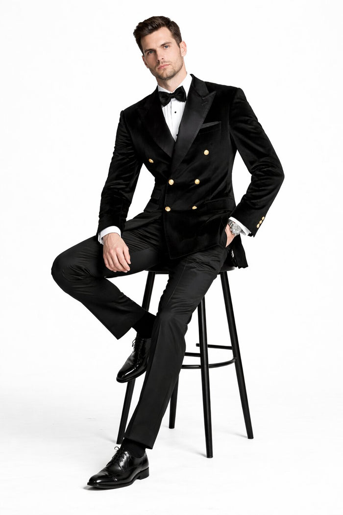 Men's Designer Double Breasted Velvet Suti with Gold Buttons in Black