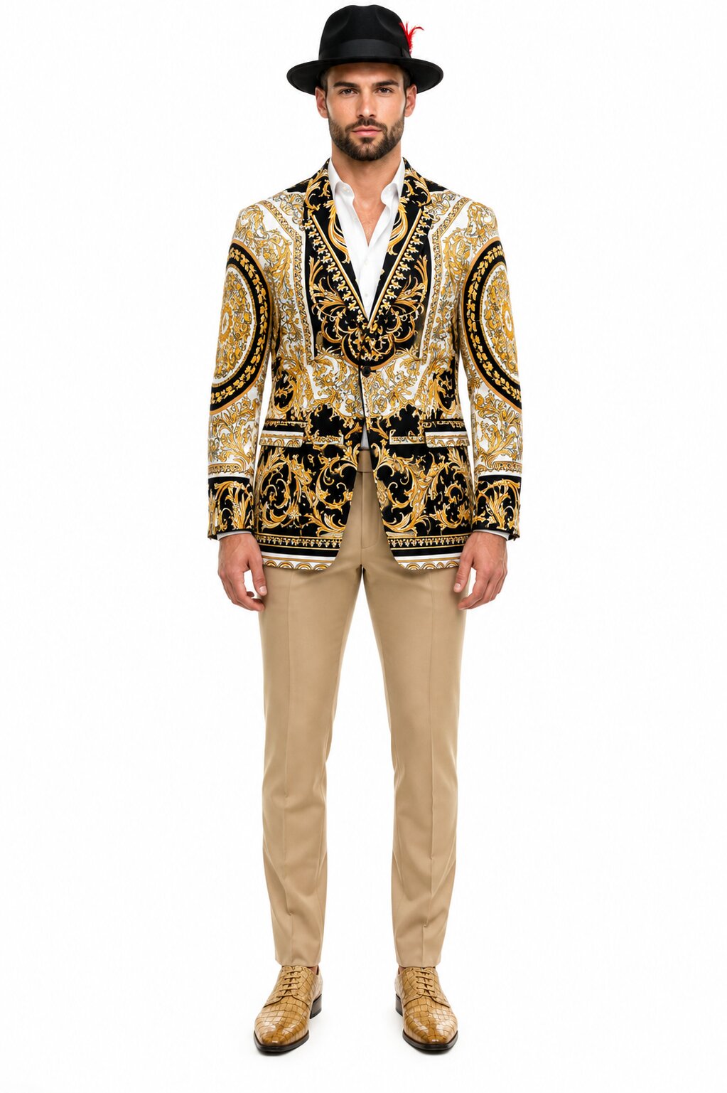 Mens Black and Gold Baroque Blazer with Matching Pants, Hat, and Shoes - Luxury Party and Wedding Outfit Set - 36 Short