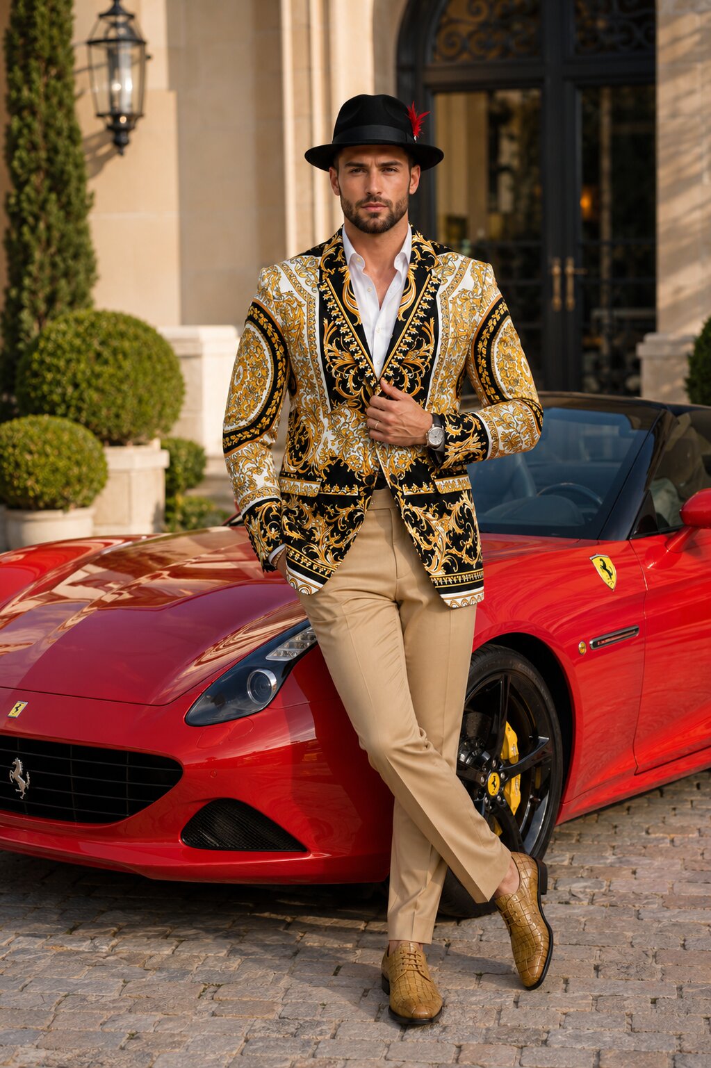 Mens Black and Gold Baroque Blazer with Matching Pants, Hat, and Shoes - Luxury Party and Wedding Outfit Set - 36 Short