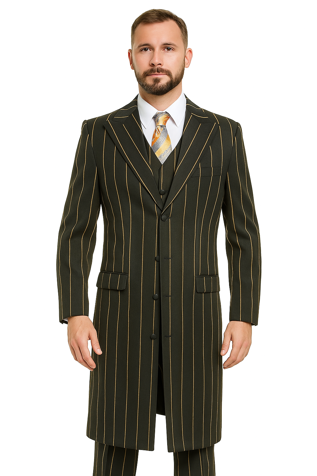 Pinstripe Zoot Suit For Men - Gangster  Wedding Suit in Black and Gold Pinstripe - 34 Short or Extra Small