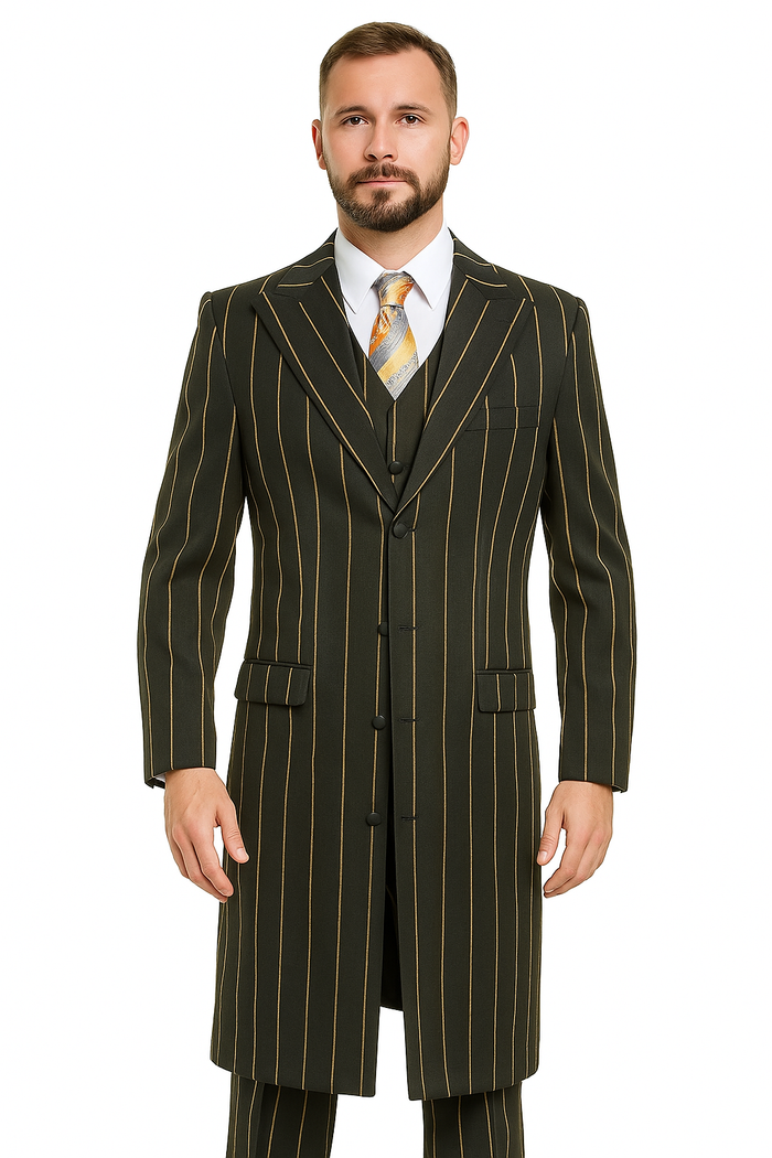 Pinstripe Zoot Suit For Men - Gangster  Wedding Suit in Black and Gold Pinstripe
