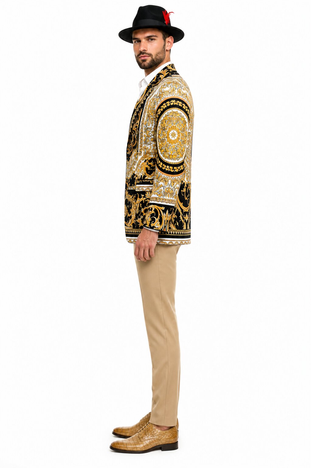 Mens Black and Gold Baroque Blazer with Matching Pants, Hat, and Shoes - Luxury Party and Wedding Outfit Set - 36 Short