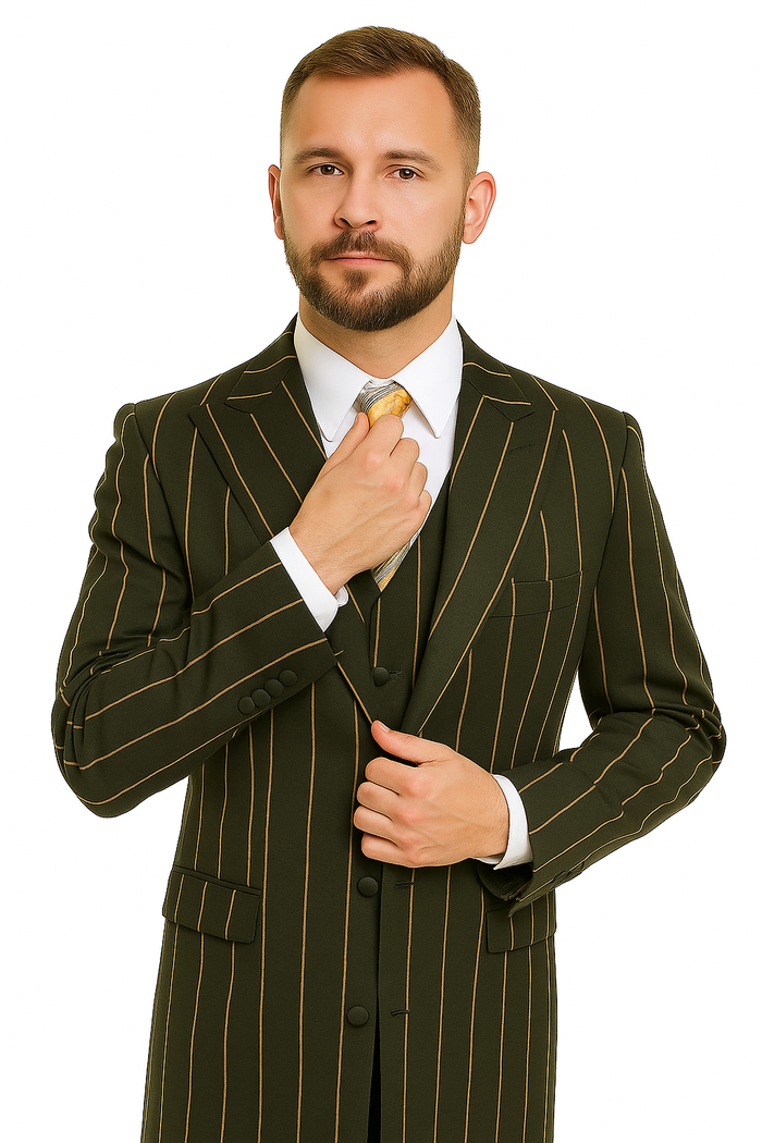 Pinstripe Zoot Suit For Men - Gangster  Wedding Suit in Black and Gold Pinstripe