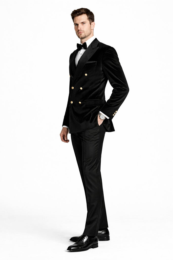 Men's Designer Double Breasted Velvet Suti with Gold Buttons in Black
