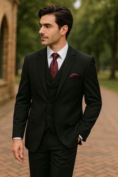Black Men's 2-Button Suit with No Pleated Pants & Double-Breasted Vest Modern Fit Side Vented