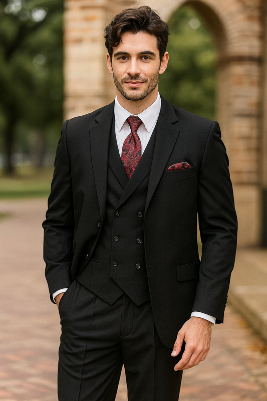 Black Men's 2-Button Suit with No Pleated Pants & Double-Breasted Vest Modern Fit Side Vented