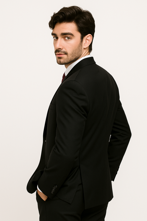 Black Men's 2-Button Suit with No Pleated Pants & Double-Breasted Vest Modern Fit Side Vented