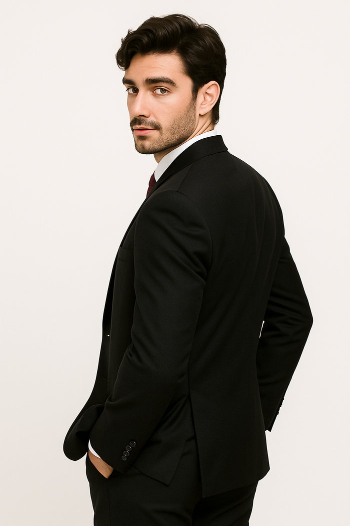 Black Men's 2-Button Suit with No Pleated Pants & Double-Breasted Vest Modern Fit Side Vented