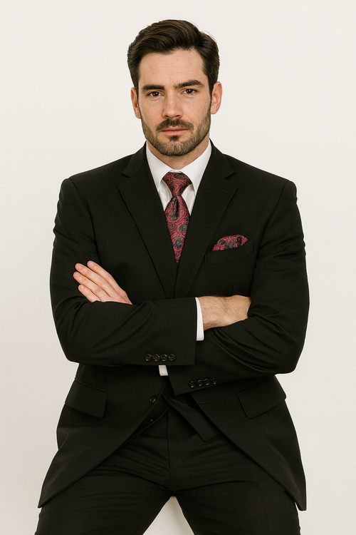 Black Men's 2-Button Suit with No Pleated Pants & Double-Breasted Vest Modern Fit Side Vented