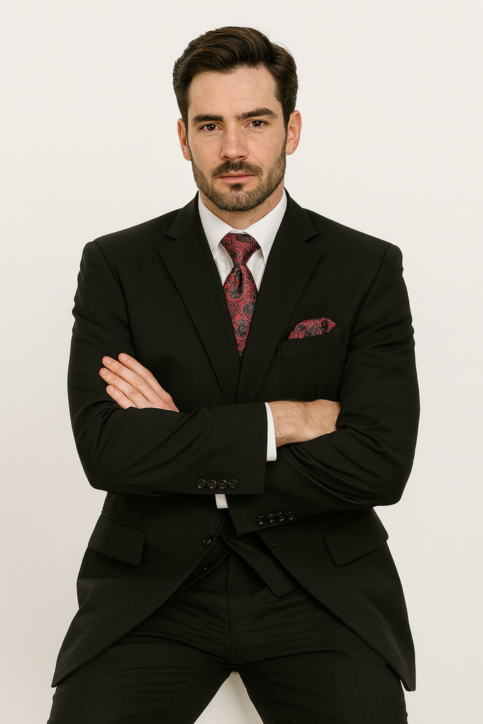 Black Men's 2-Button Suit with No Pleated Pants & Double-Breasted Vest Modern Fit Side Vented