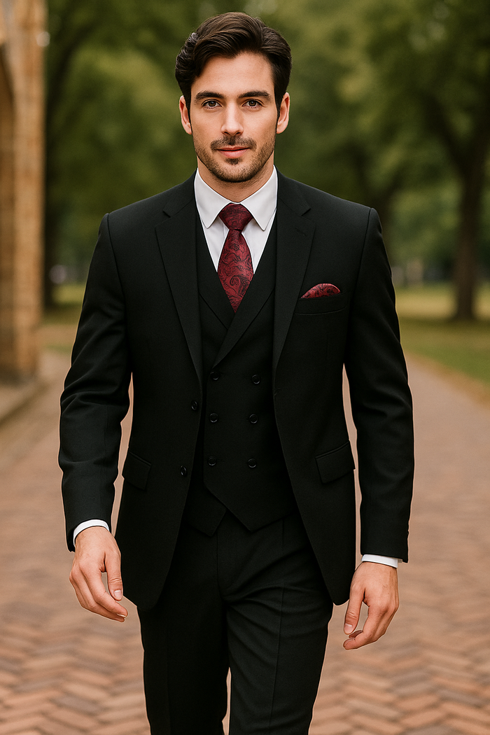 Black Men's 2-Button Suit with No Pleated Pants & Double-Breasted Vest Modern Fit Side Vented