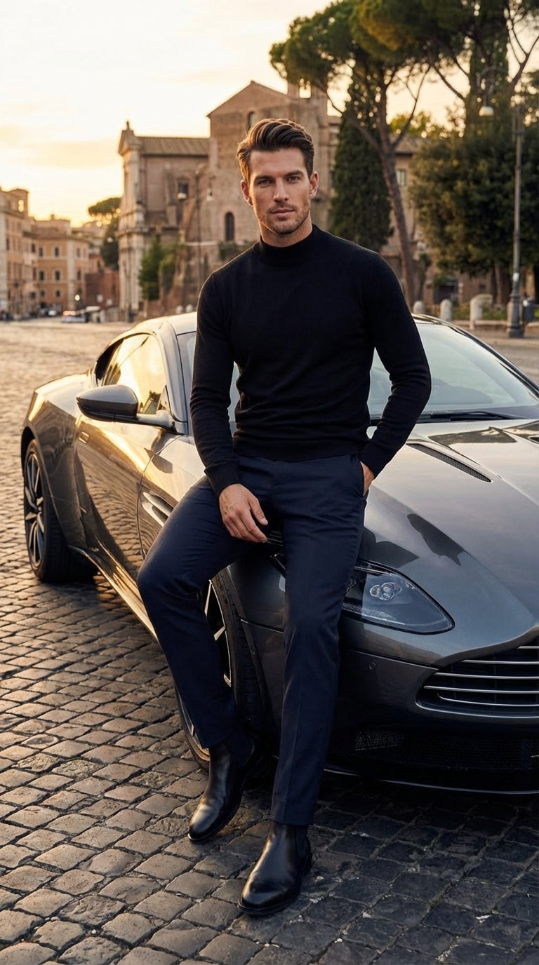 Black mock neck sweater pullover for men cotton blend long sleeve knit - 38 Short Jacket+32 Waist Adjustable 28to34)(Height: 5 4 to5 7 )(Neck  15-16.5)S-M)