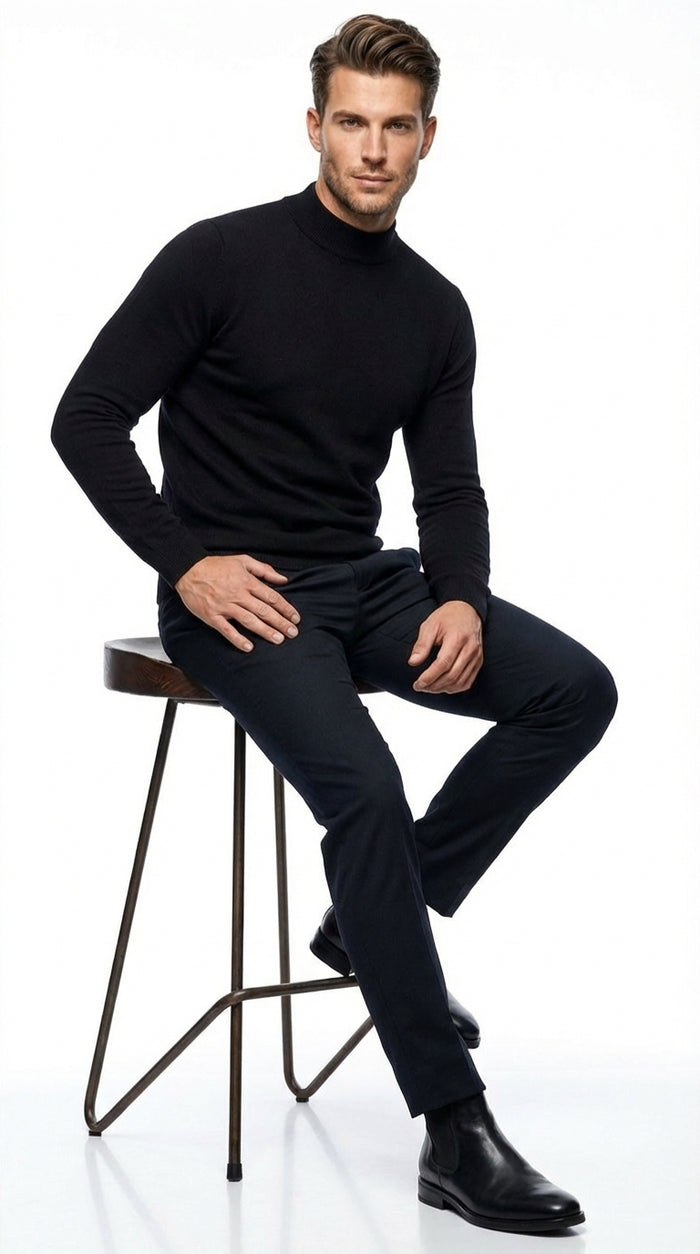 Black mock neck sweater pullover for men cotton blend long sleeve knit