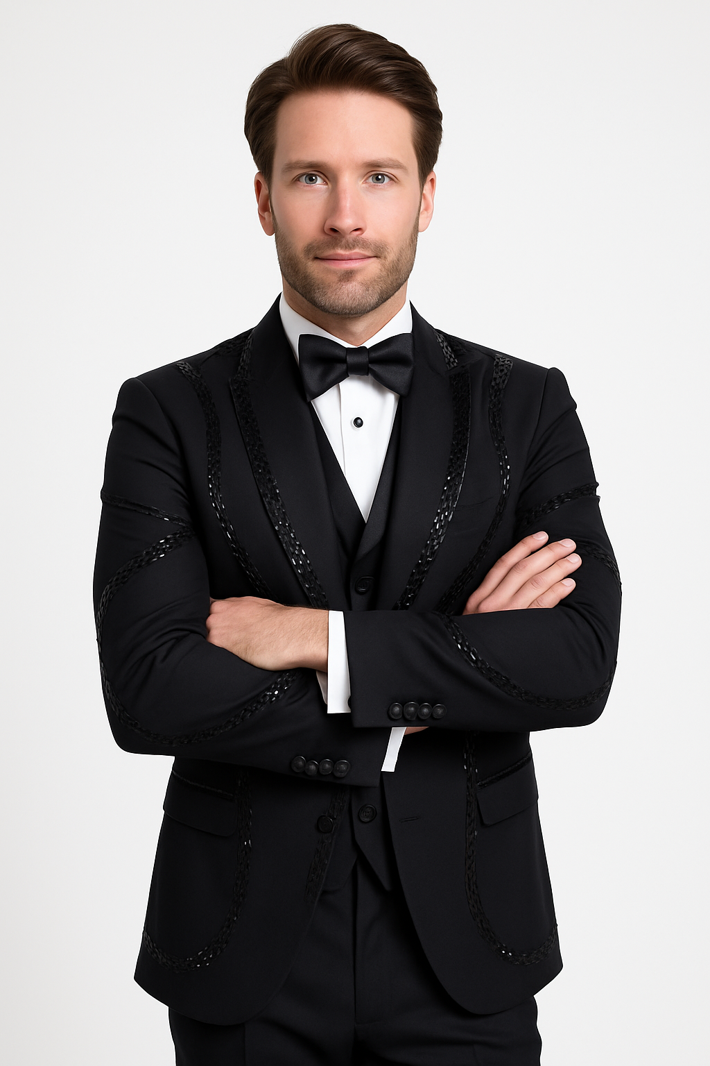 Black Italian Wool 3-Piece Modern Fit Tuxedo - 34 Short or Extra Small