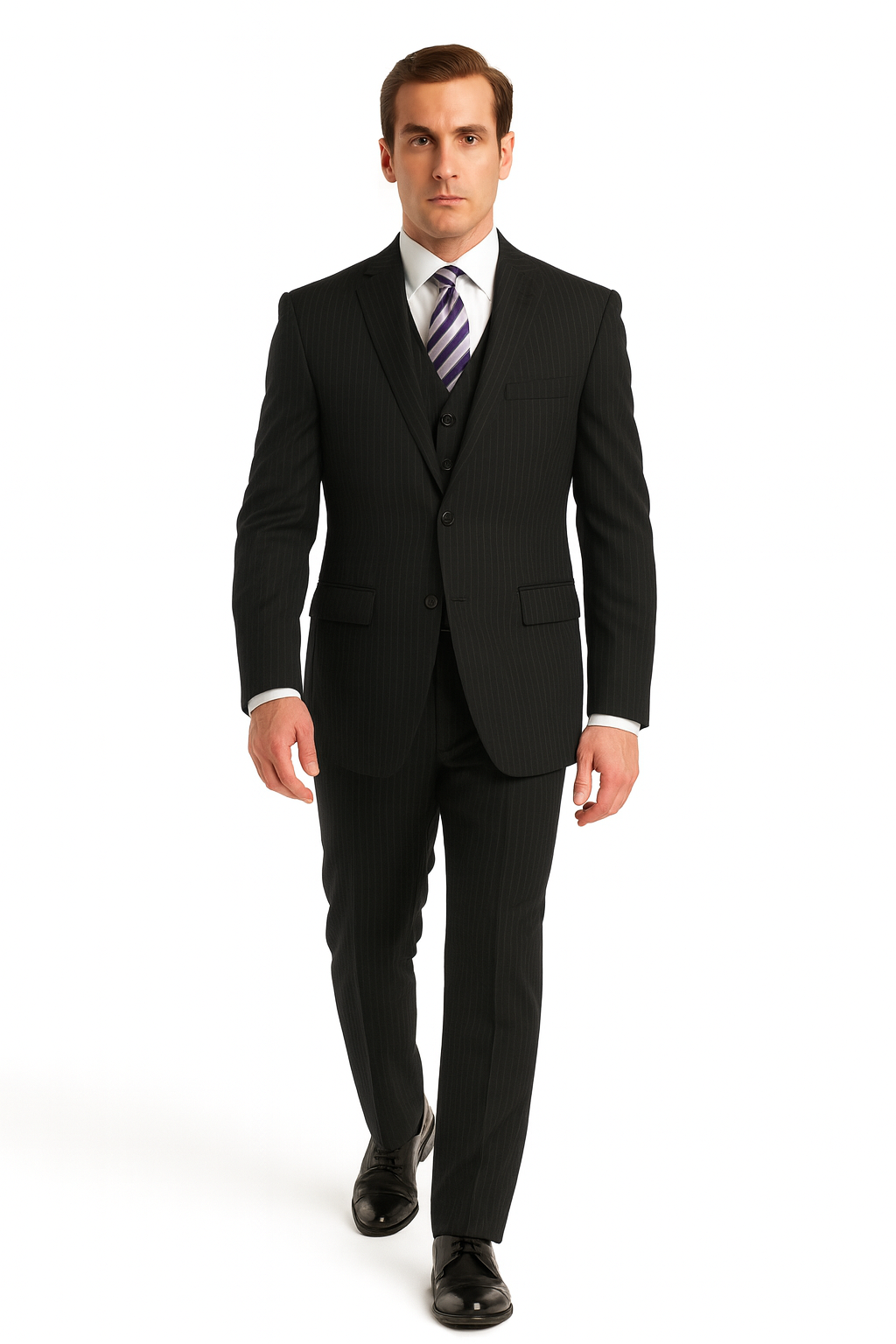 Black Pinstripe Men's Business Suit - Two Button Vested Style - New Arrival - 34 Short