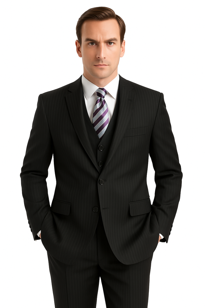 Black Pinstripe Men's Business Suit - Two Button Vested Style - New Arrival