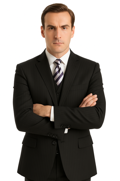 Black Pinstripe Men's Business Suit - Two Button Vested Style - New Arrival