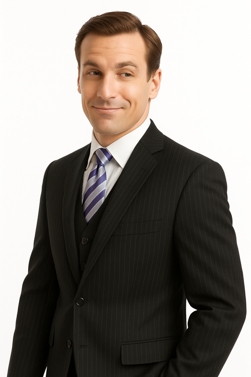 Black Pinstripe Men's Business Suit - Two Button Vested Style - New Arrival